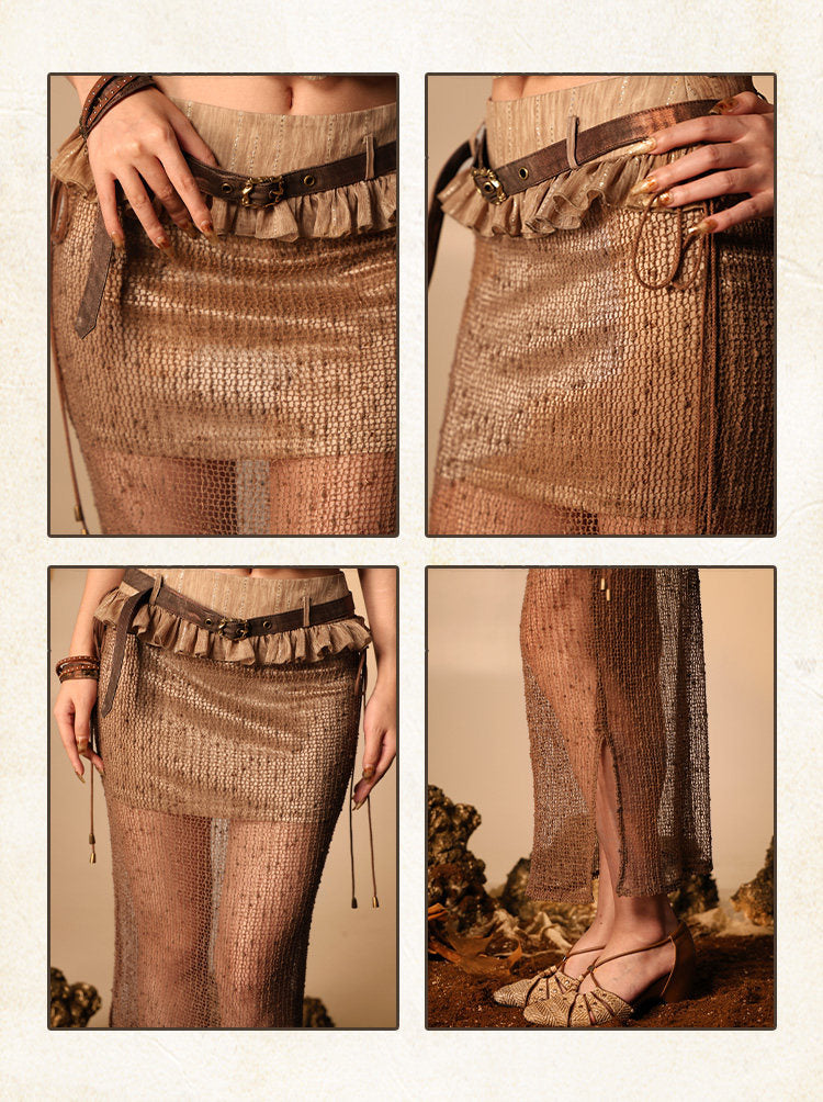 Wasteland Style Distressed Patchwork Sheer Mesh Low Waist Maxi Skirt