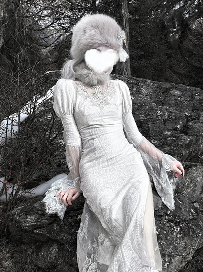 Lolita Gothic Silver Printed Goddess Fishtail Dress LG1011