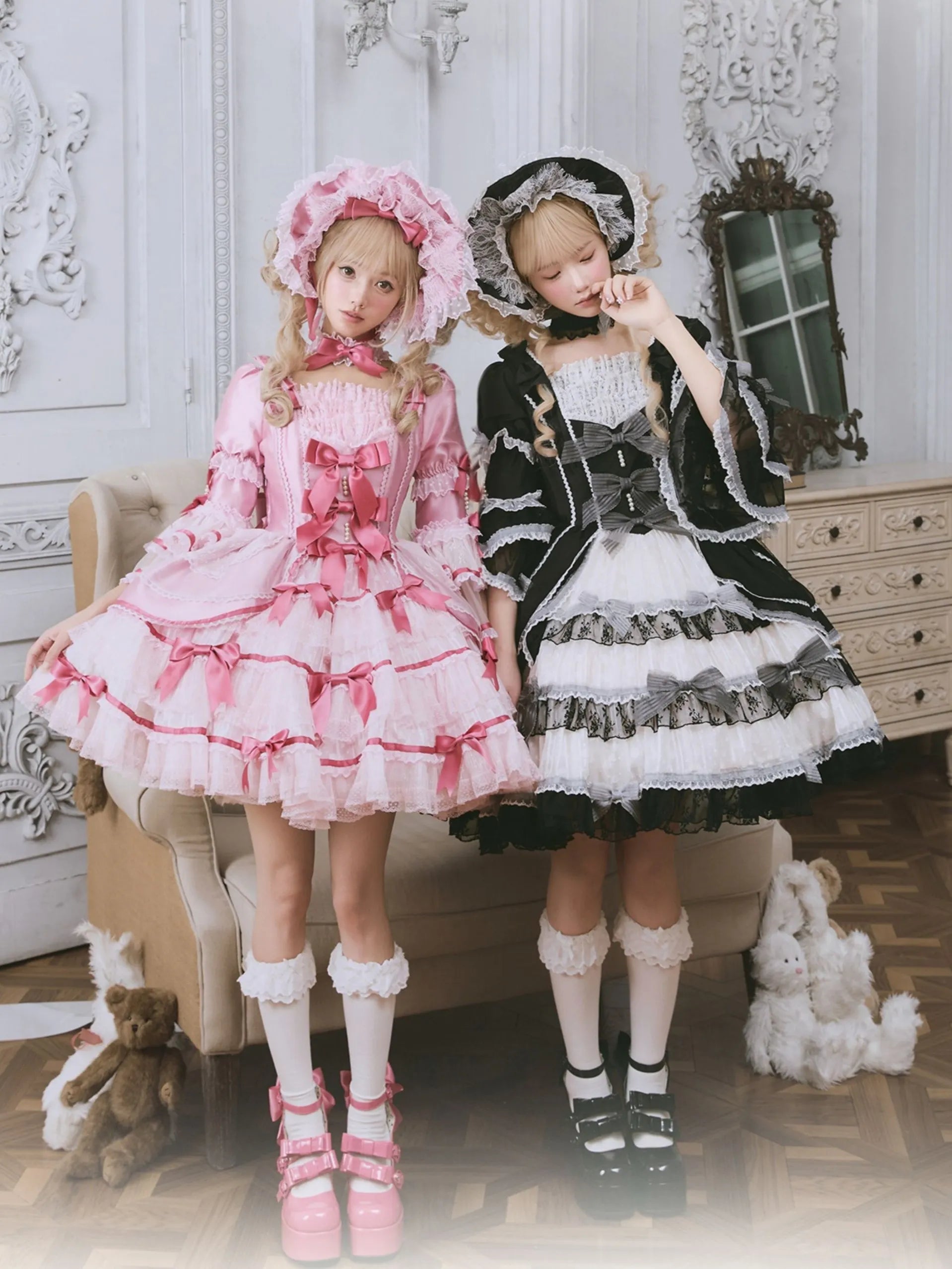 Velvet Cake Doll Pink Black Tiered Ruffle Classic Lolita JSK