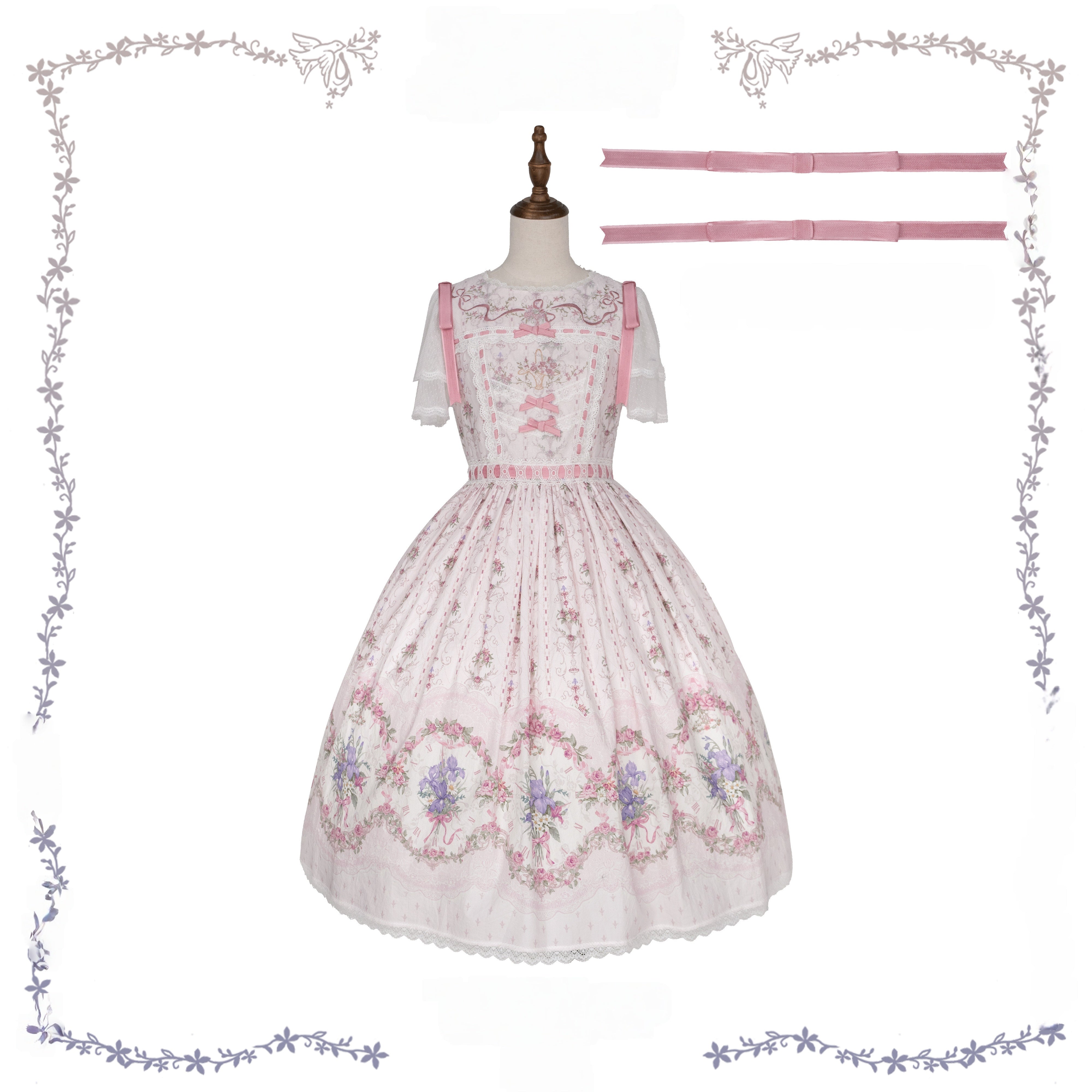 Iris Clock Lolita Flutter Sleeves Printed OP & Cut‑Work Embroidered Lapel JSK