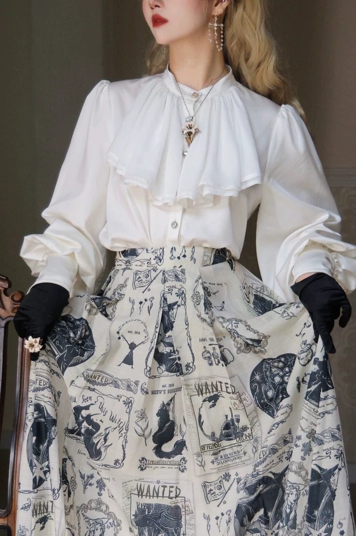 Witch's Bounty Satin Leg of Mutton Sleeve Lolita Blouse Black White Classic