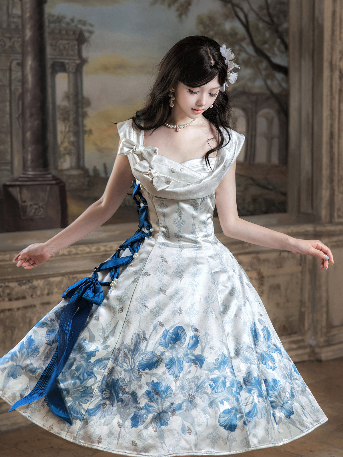 Iris Holiday Ivory Blue Jacquard Satin Classic Lolita Dress