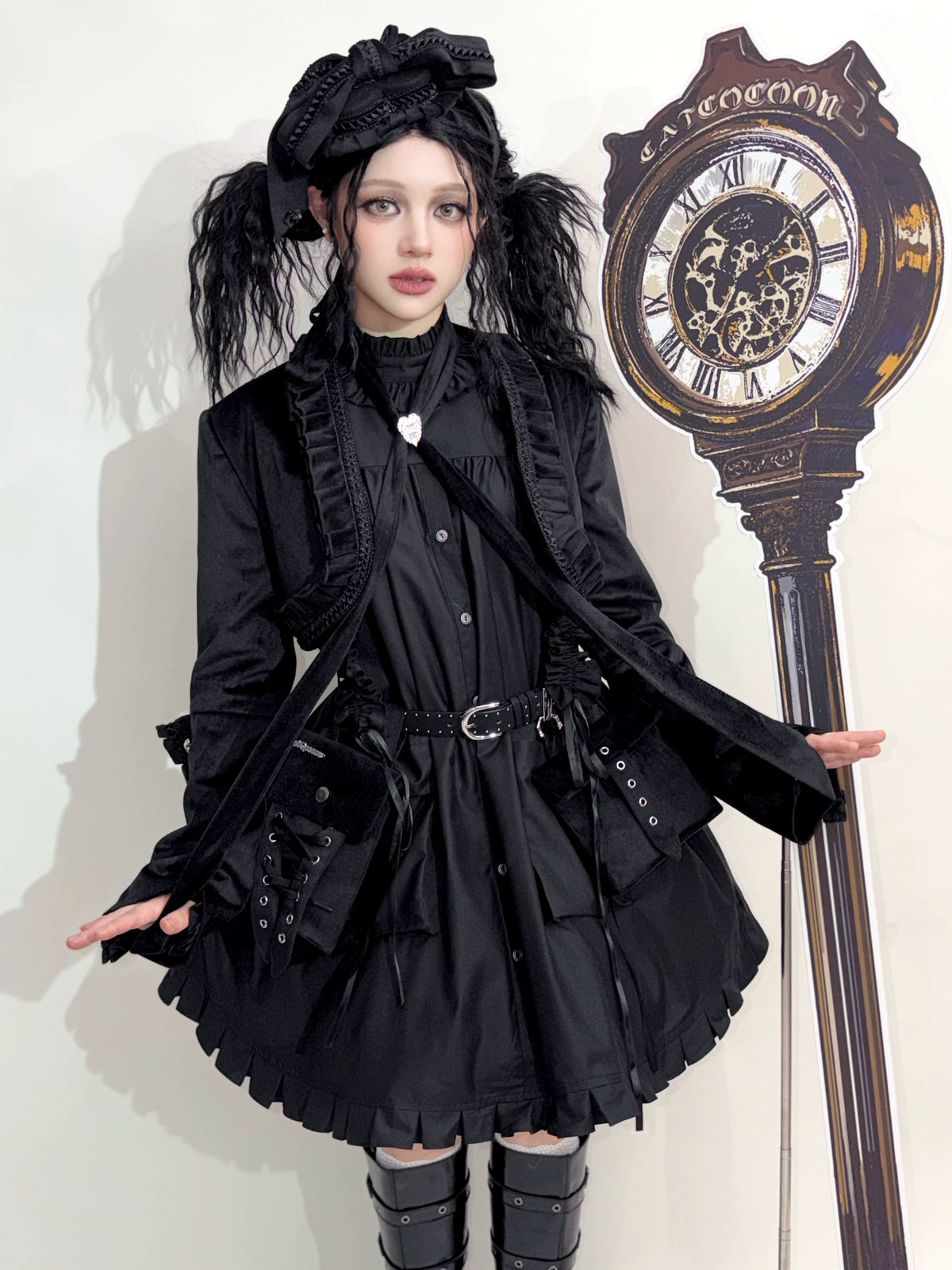 Cannoneer Lolita Steampunk Long Sleeve Black OP Dress Set