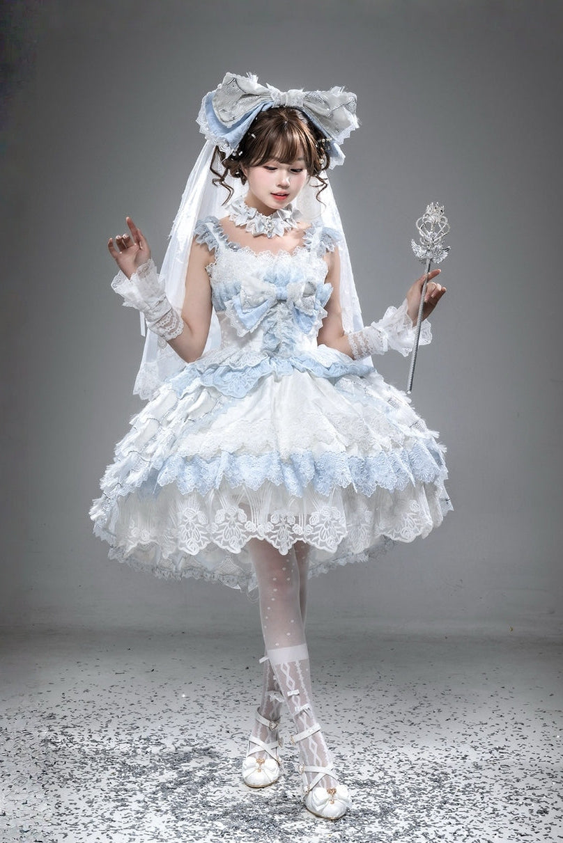 Robe JSK de mariée Lolita bleue et blanche avec motif plume de paon