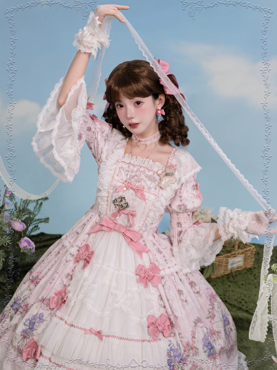 Iris Clock Floral‑Wall Front‑Opening Lolita Hime‑Sleeve Dress