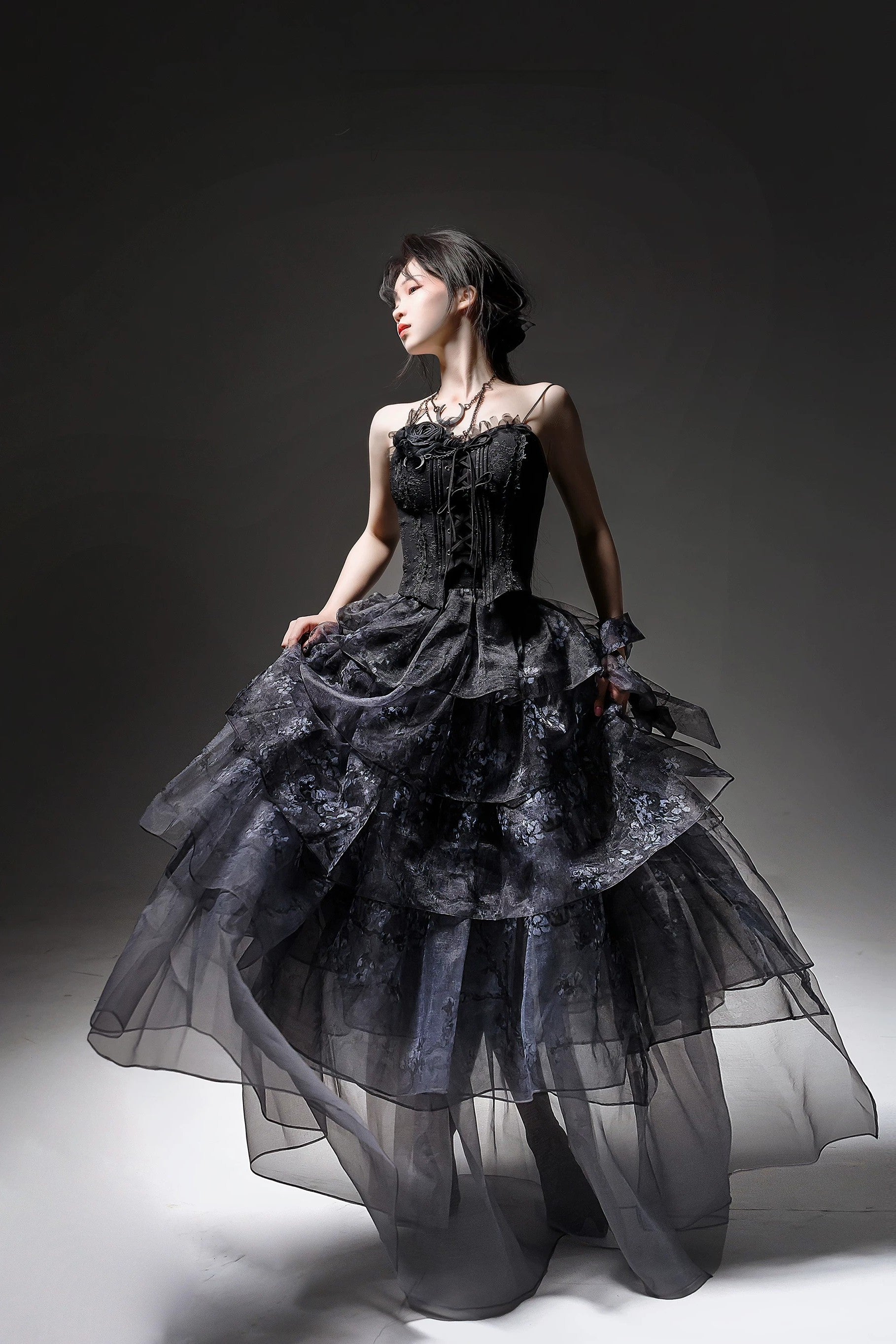 Van Gogh Almond Blossom Black Vintage Strapless Organza Dress / Corset & Skirt Set