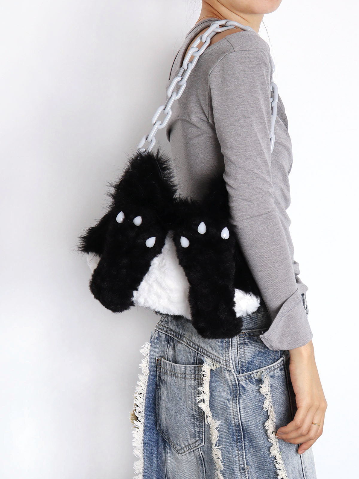 Face-Cover Cow Cat Plush Lolita Crossbody Bag with Chain