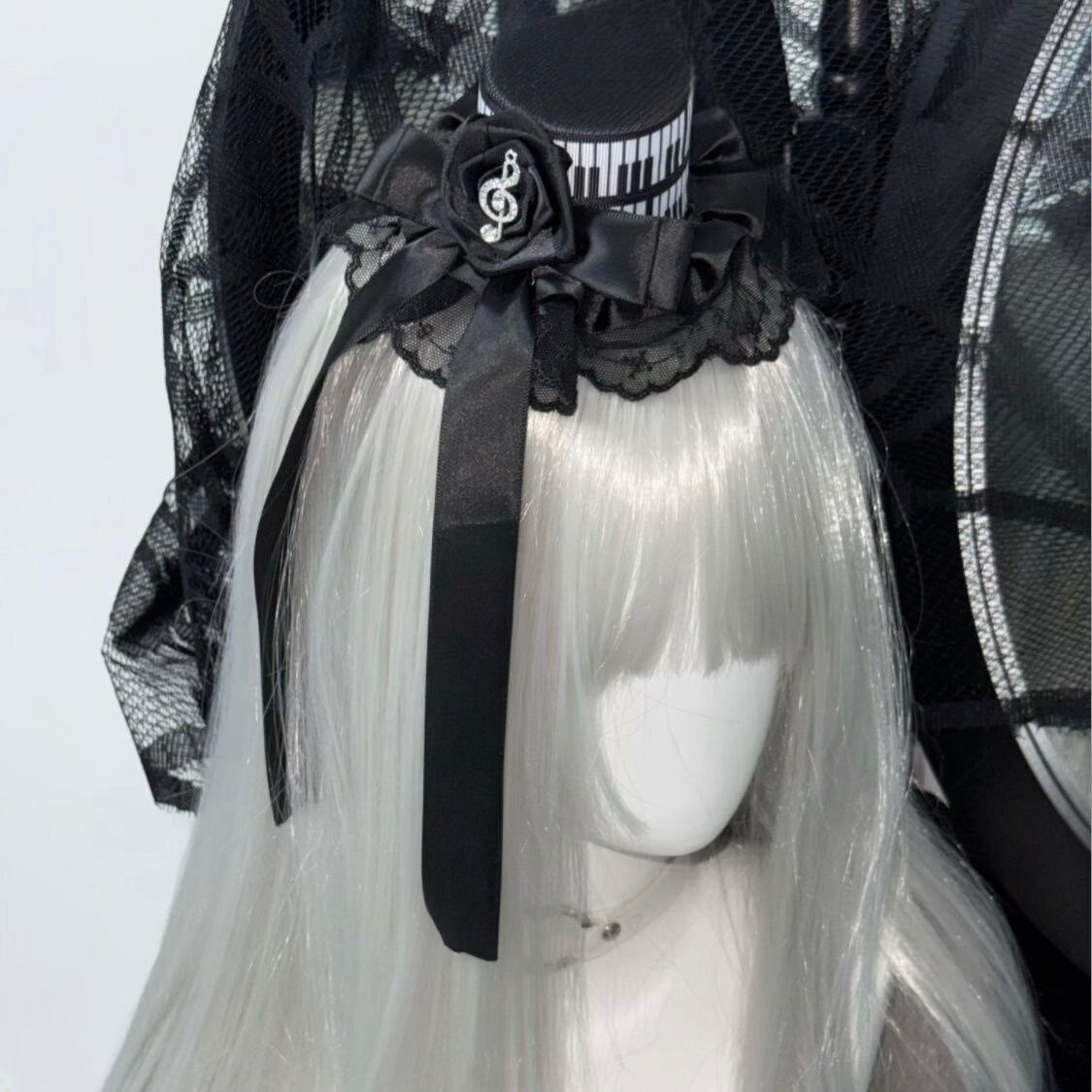 Music Rose Piano Key Gothic Lolita Lace Mini Hat with Veil Y2K Hair Accessory