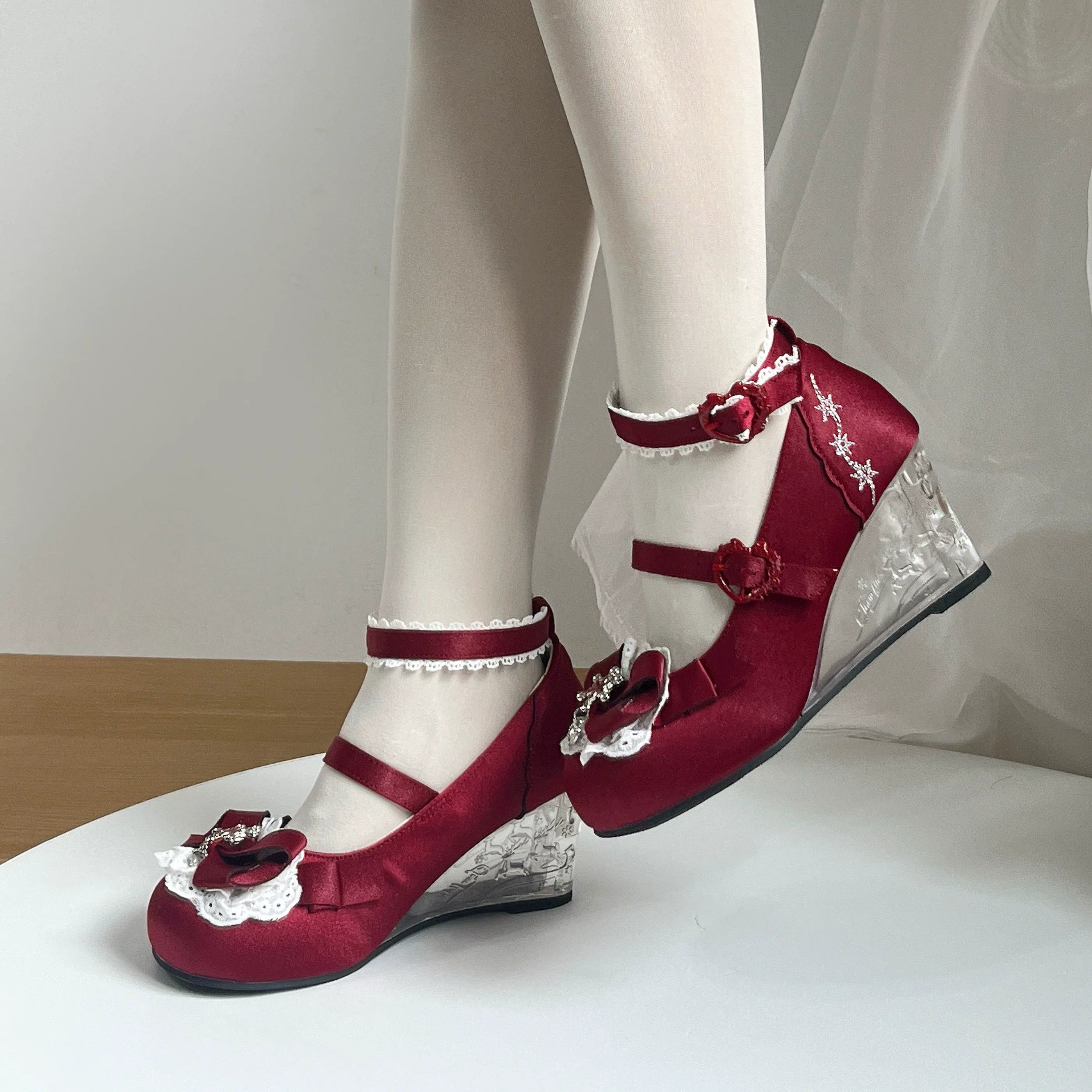 Snow Gift Sweet‑Girl Embossed Novelty‑Heel Lolita Wedge‑Heel Shoes