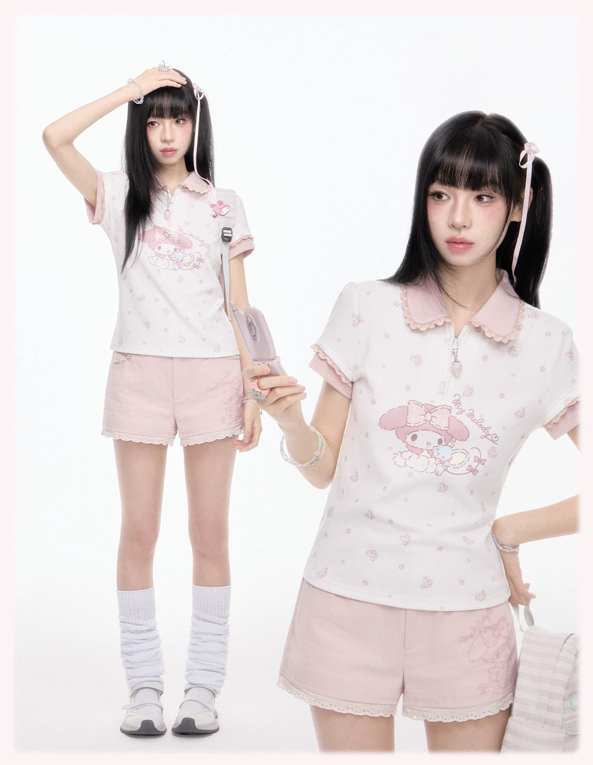 My Melody Pink High Waist Floral Applique Scallop Lace Trim Shorts