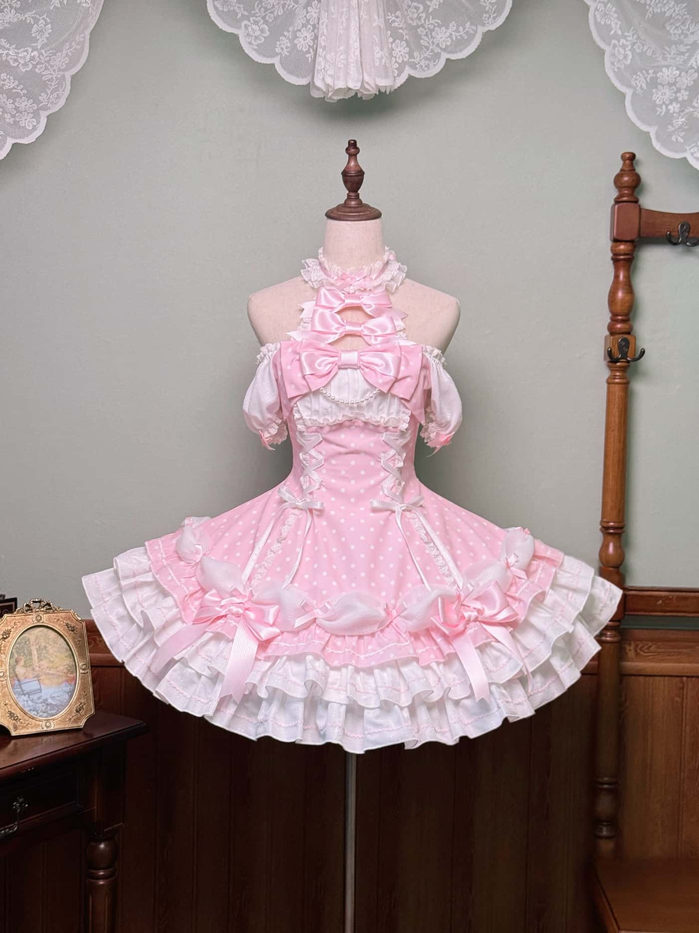 Vintage Polka Dot Lolita Halter Pink OP Dress