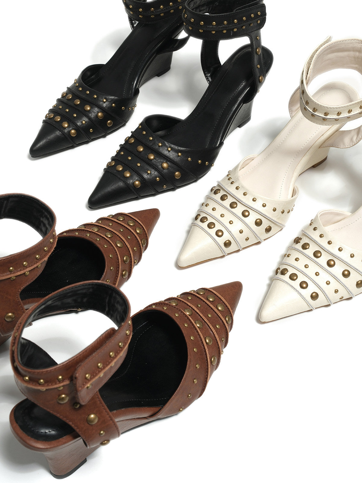 Tribal‑Style Spike‑Stud Pointed‑Toe Wedge‑Heel Pumps