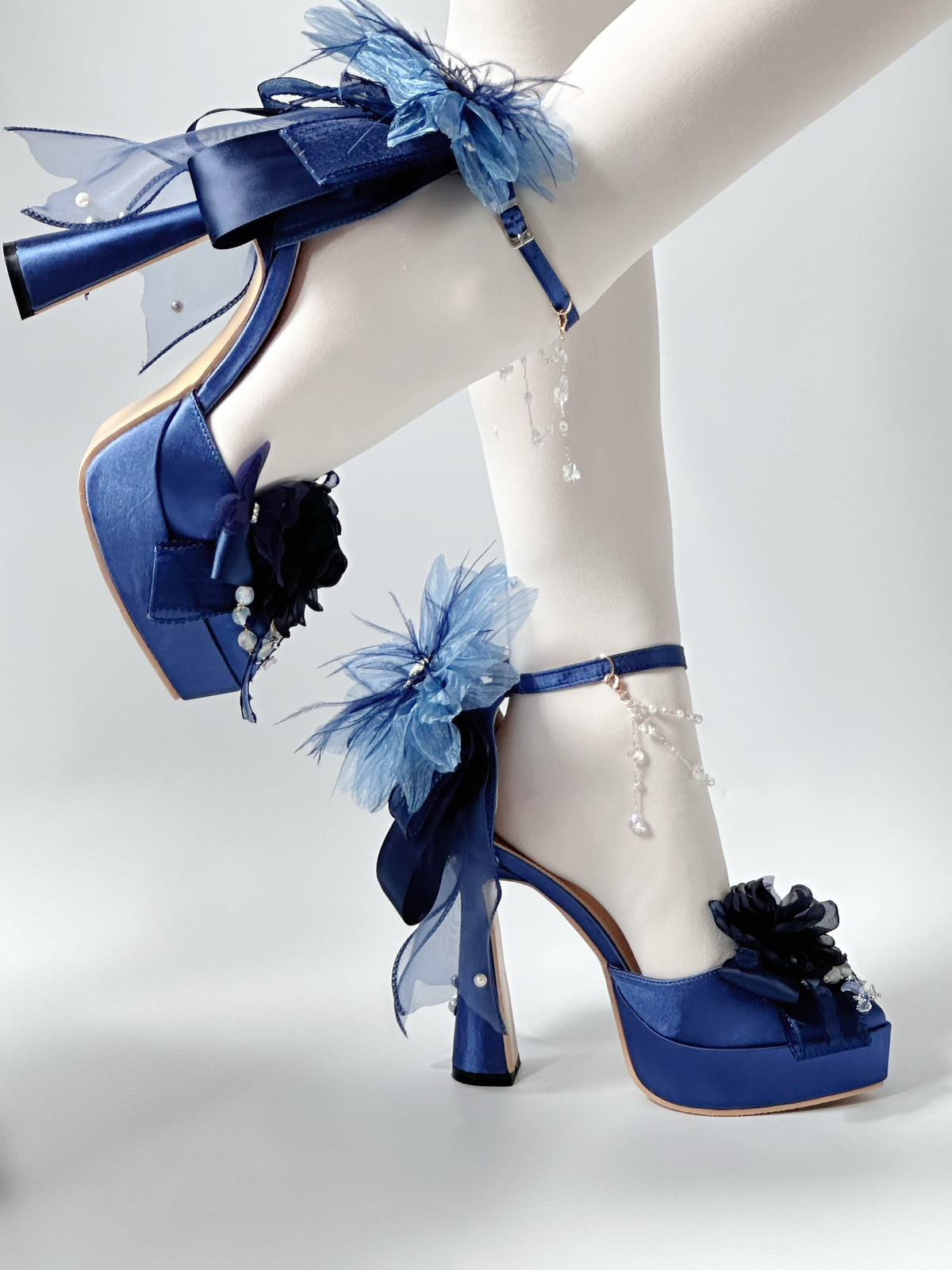 Ocean Tide Blue Chunky Heel Lolita Shoes with Flower Clips