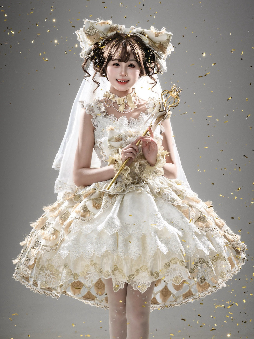 Peacock Feather SP Bridal Lolita White & Gold JSK Dress