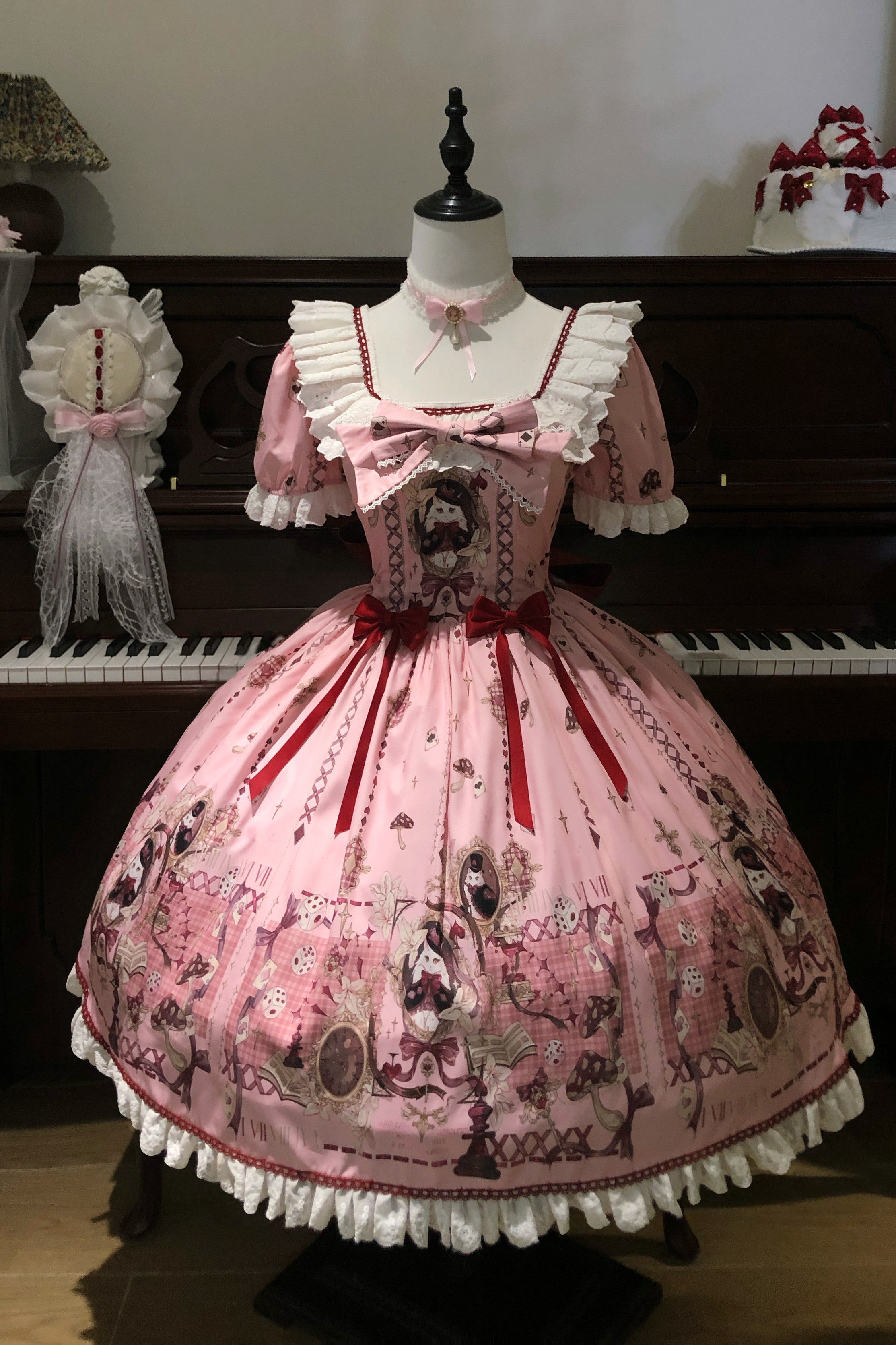 Illusion Meow Duke Pink Cat Print Sweet Lolita OP JSK Dress