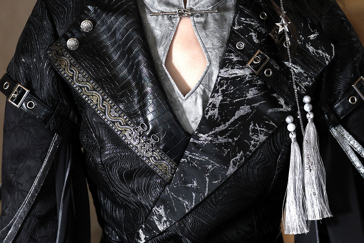 Shadow Dragon Black Silver Dragon Embroidery Oriental Hanfu Modern Set