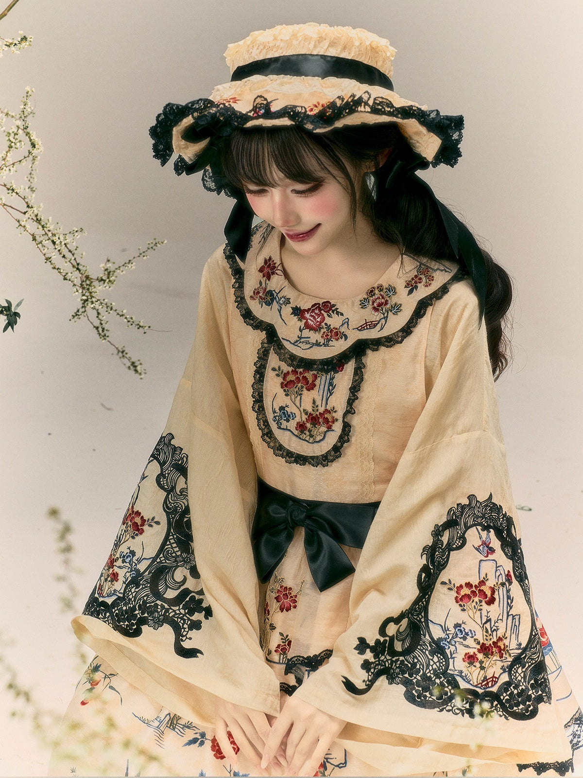 Floral Bird Amber Beige Hanfu Lolita JSK Dress Set