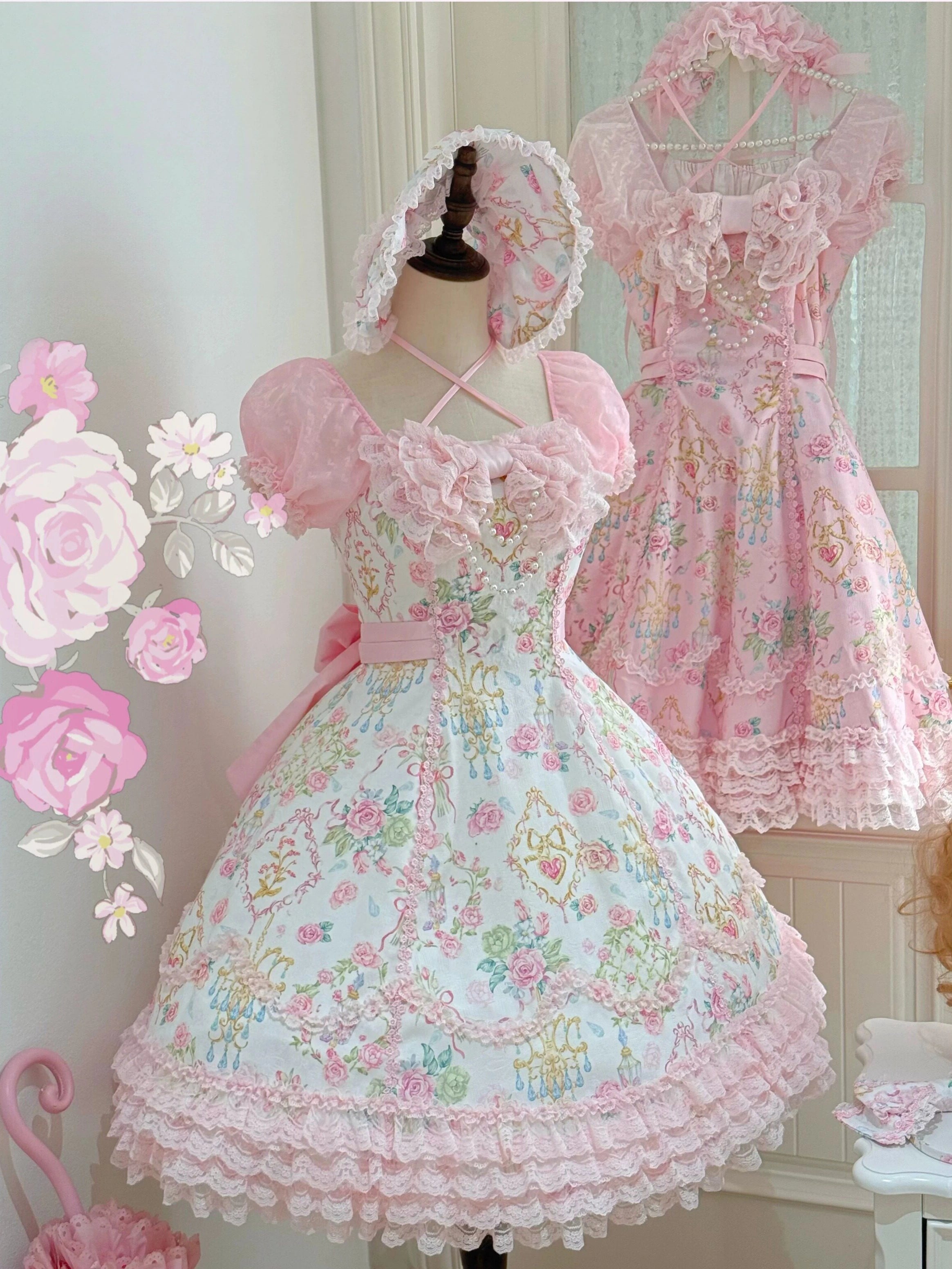 Spring 2025 Vintage Flower Wall Chandelier Rose Print Sweet Lolita JSK Dress