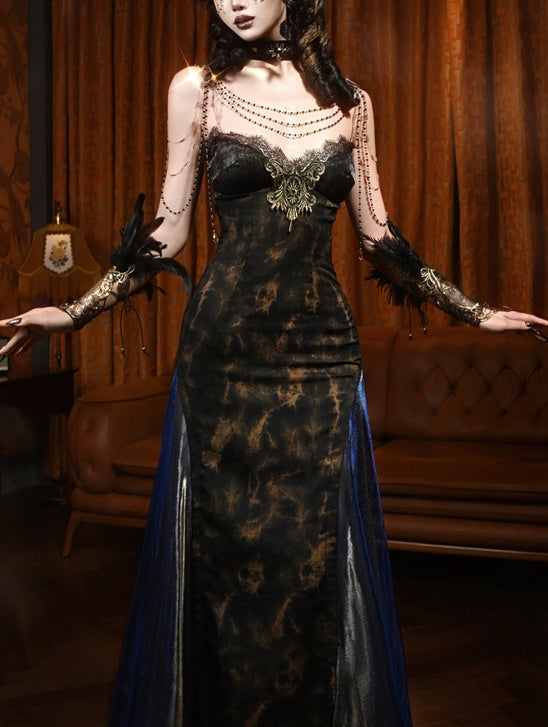 Lolita Gothic Retro style Blue & Gold Flowing Cami Dress LG1001