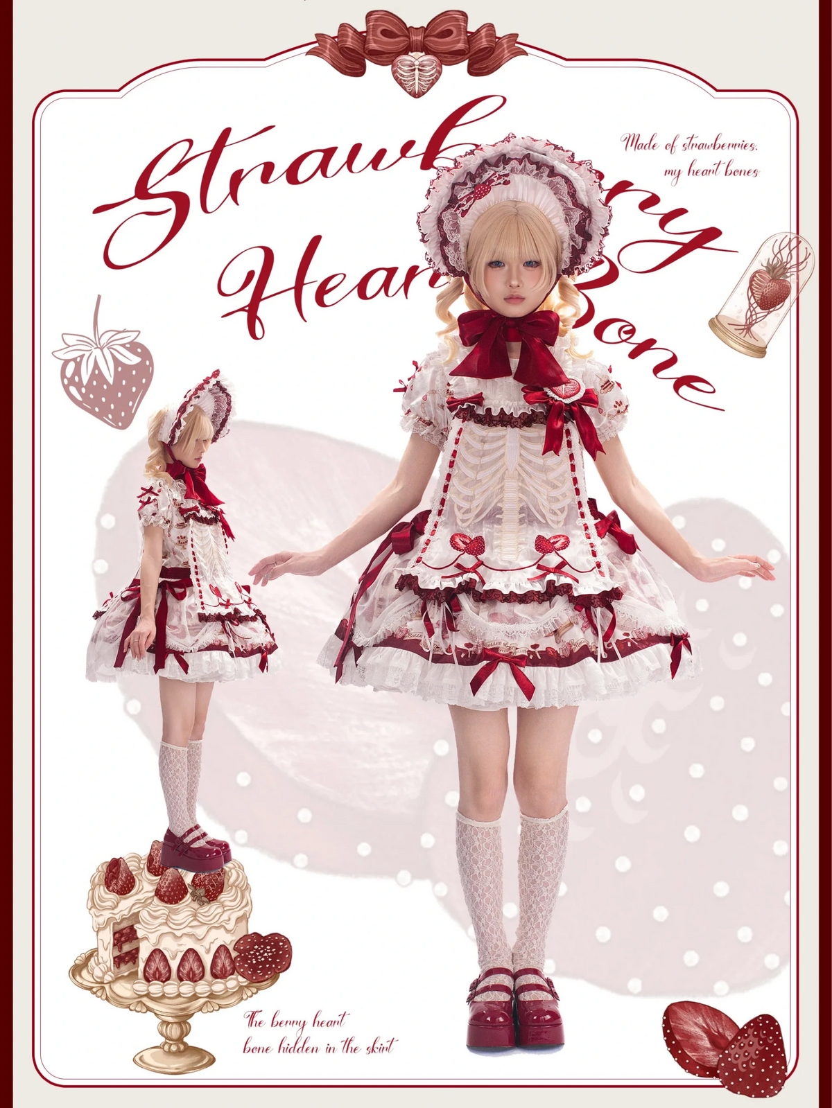 Strawberry Heart Bone White Red Gothic Lolita OP Dress or JSK