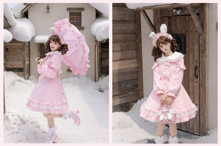 Bunny Warm Lolita Cake Hem Pink & White Wool Coat