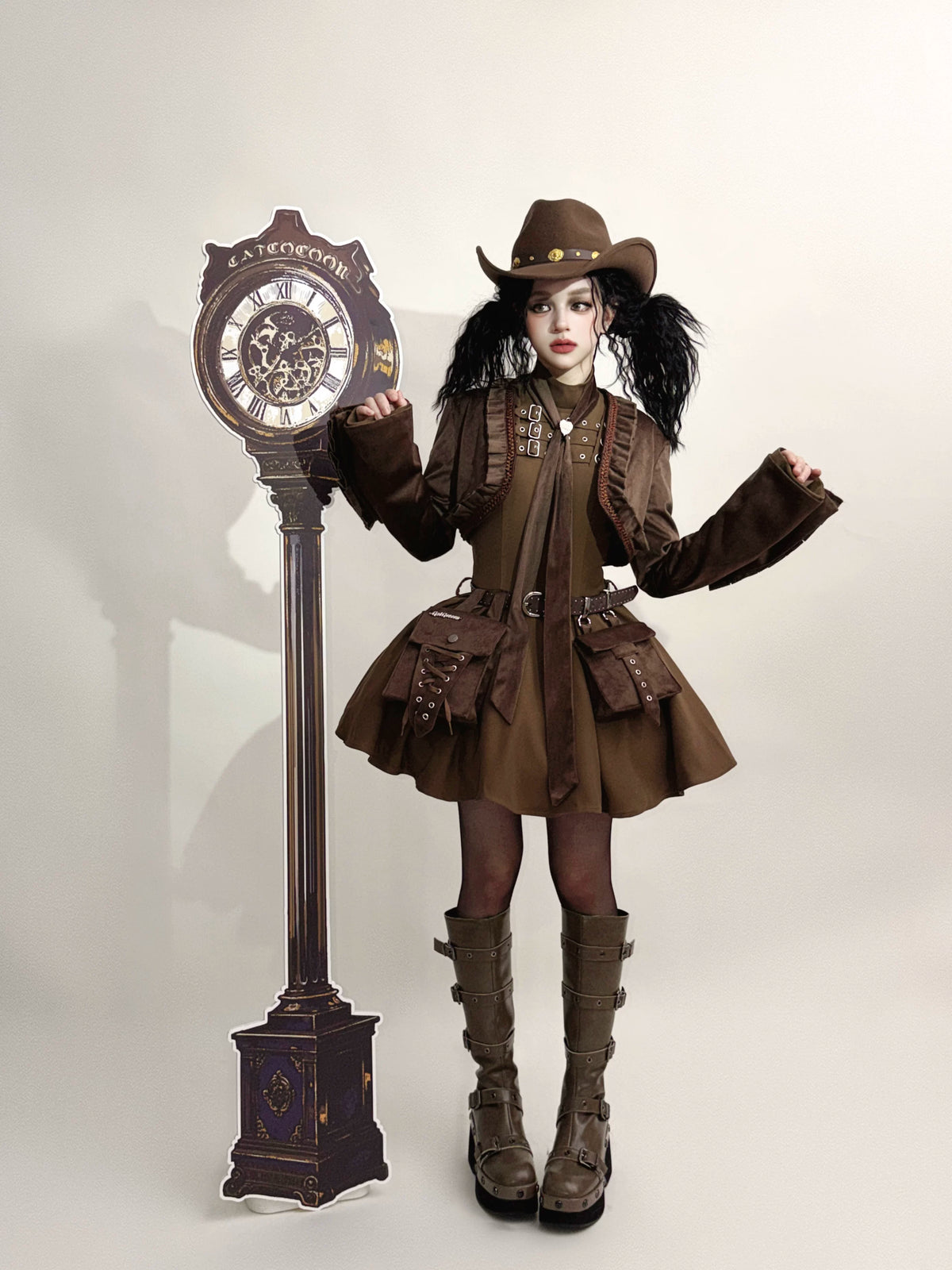 Cannoneer Lolita Steampunk Long Sleeve Brown OP Dress Set