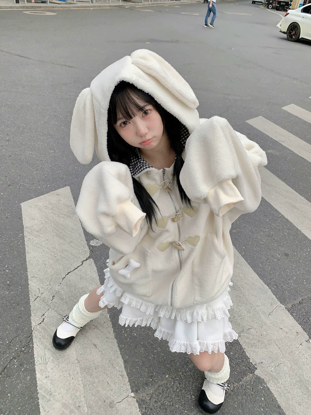 Plush Puppy Animal‑Ear Hooded Autumn & Winter Coat