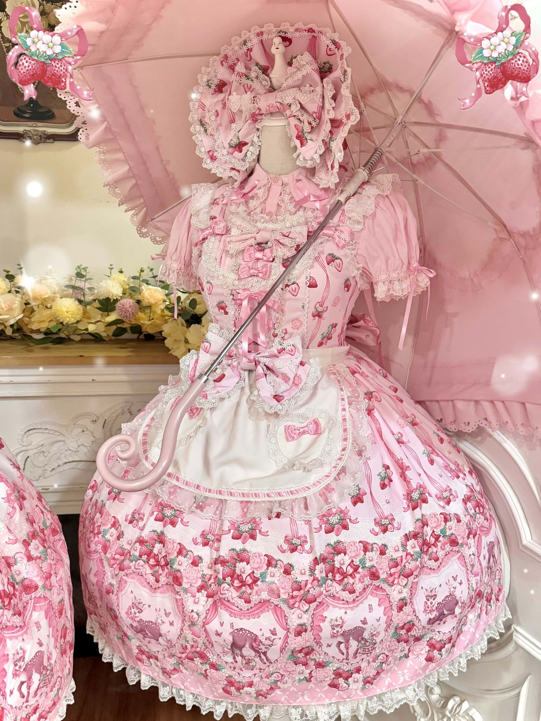 Deer Strawberry Garden Old-School Strawberry Print Lolita JSK