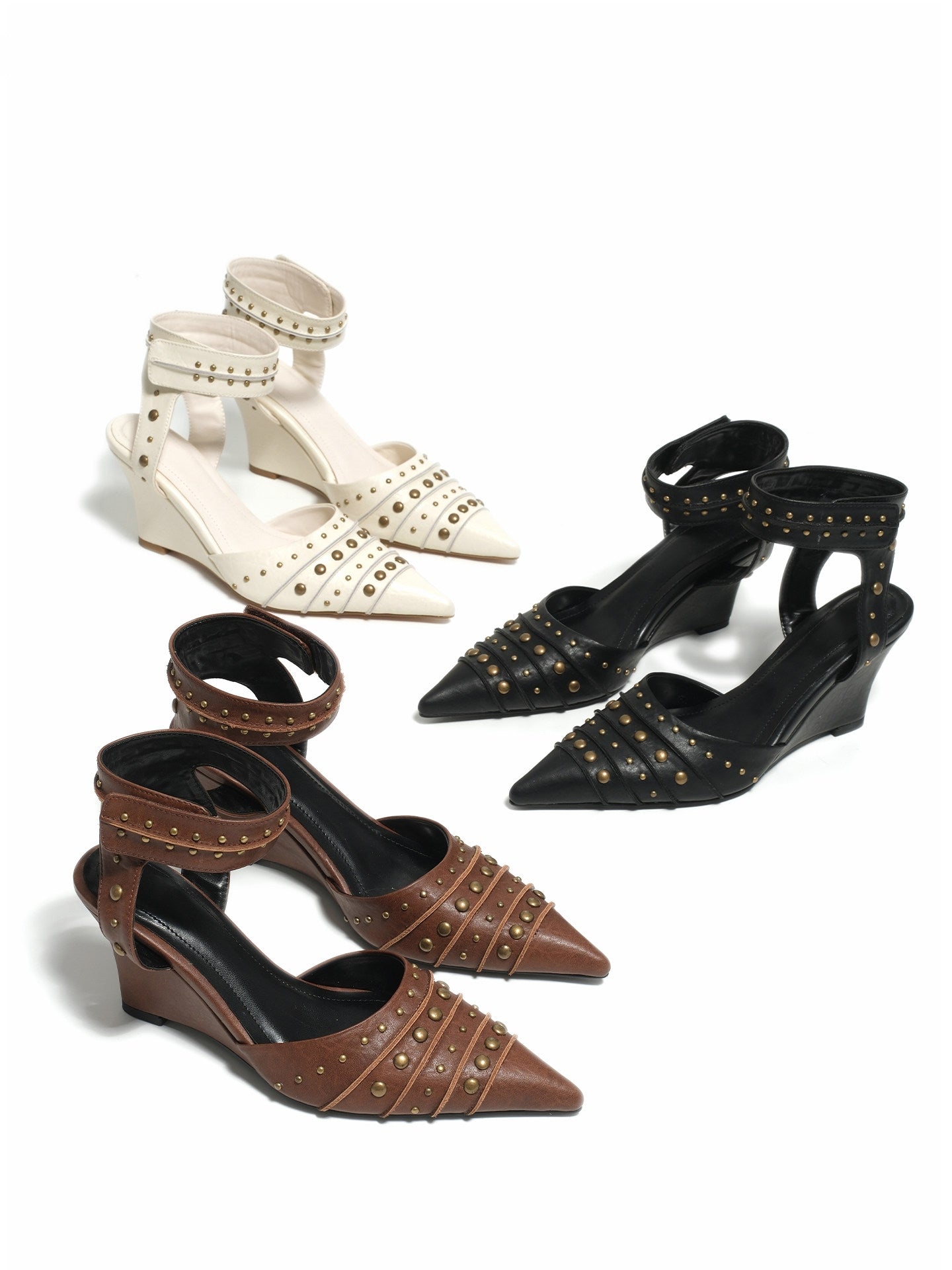 Tribal‑Style Spike‑Stud Pointed‑Toe Wedge‑Heel Pumps