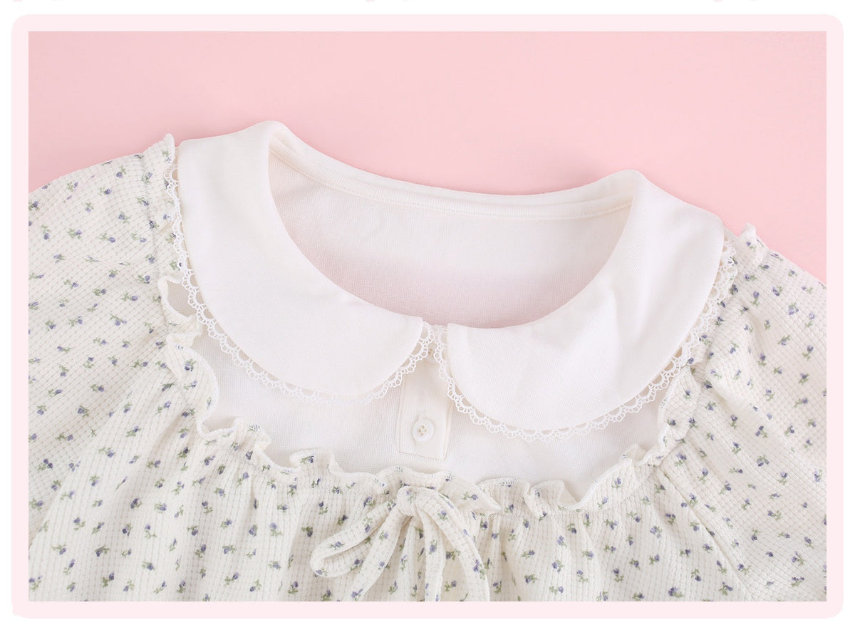 Cloud Floral White Doll Collar Faux Two-Piece Top White Floral Bloomers Girly Daily Set