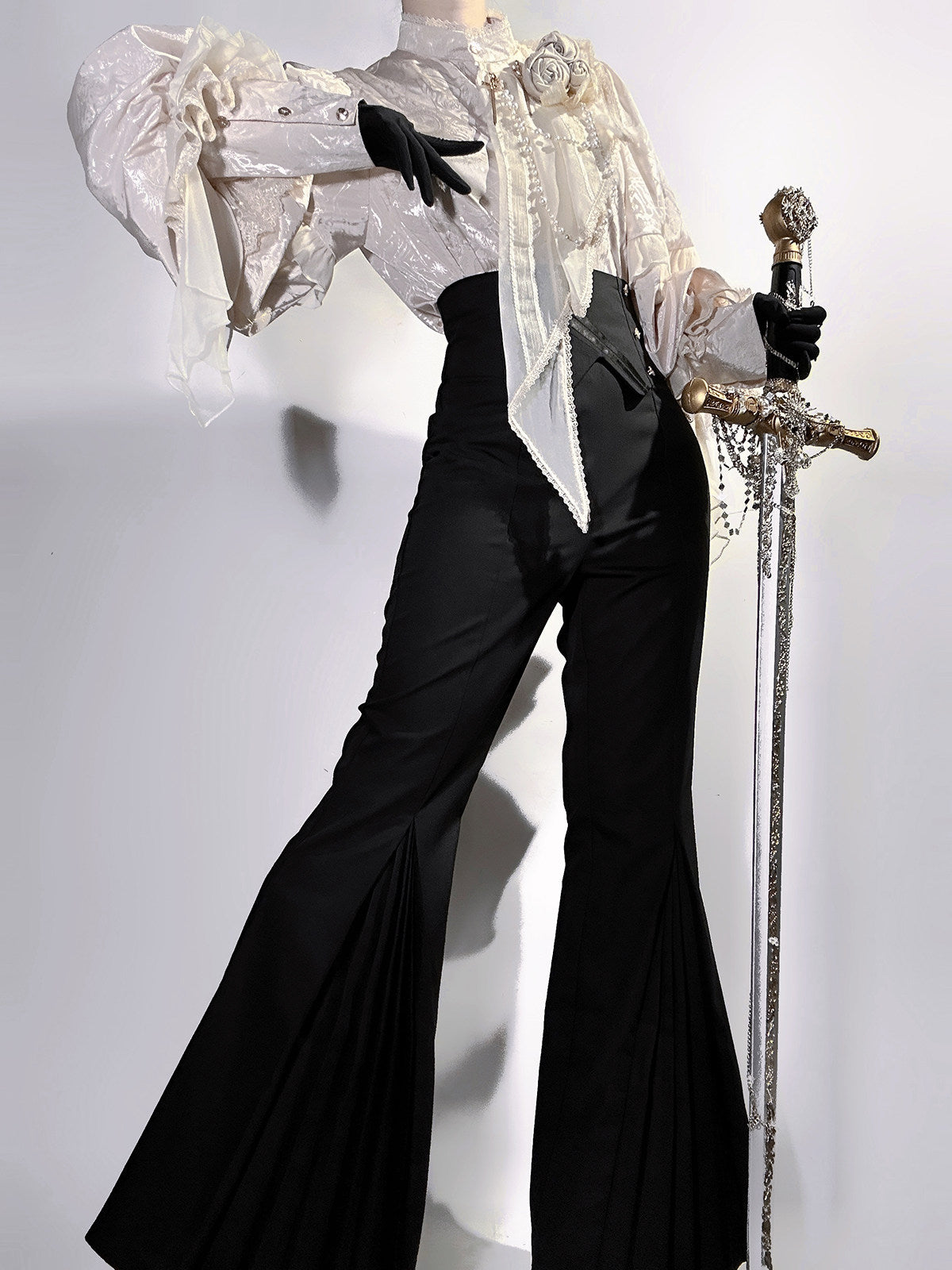 Rose and Sword Ivory Black Classical Prince Gothic Lolita Blouse Flare Pants Set