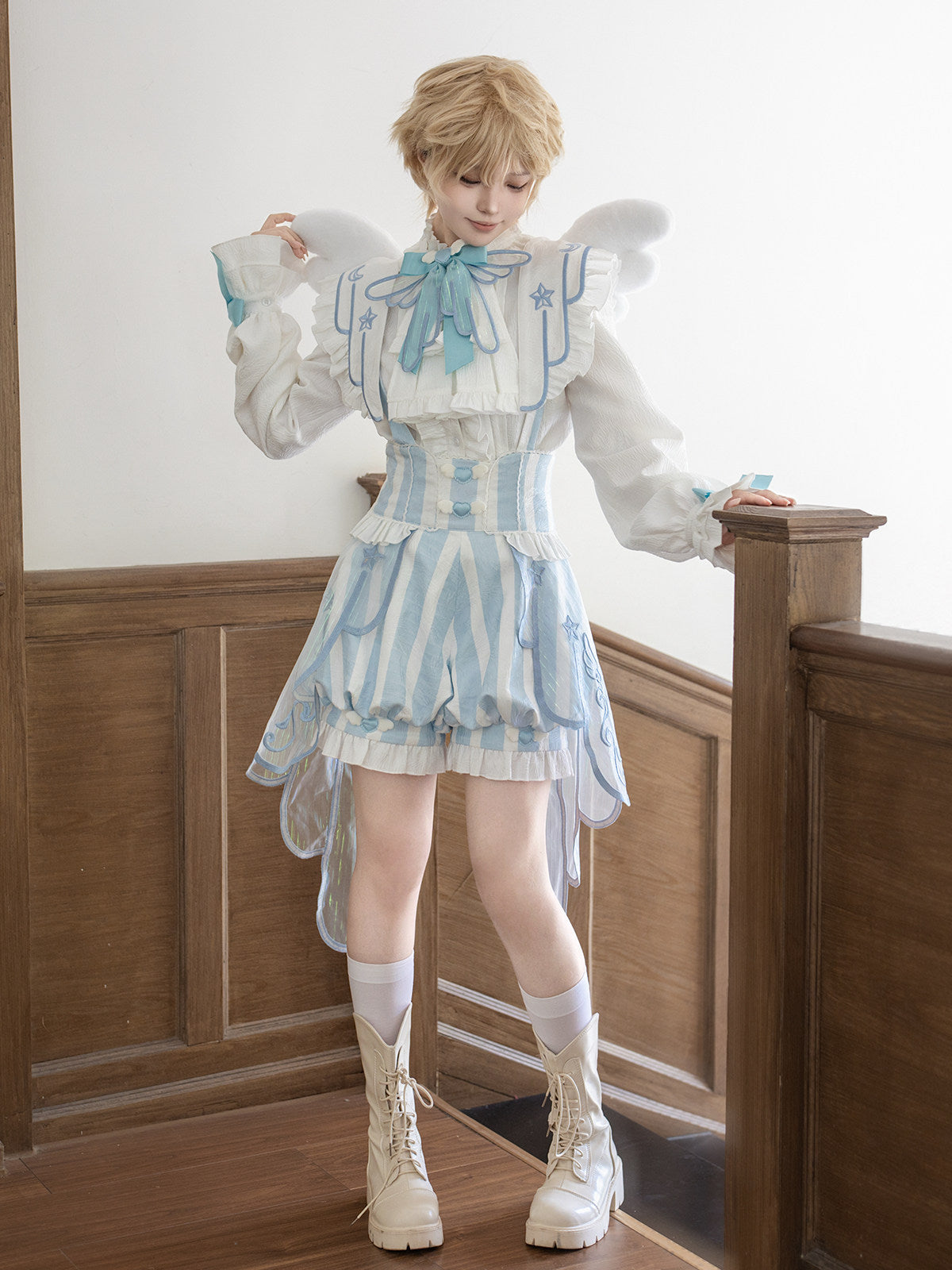 Angel Treaty Sky Blue Prince Lolita Angel Wings Blouse Suspender Shorts Set