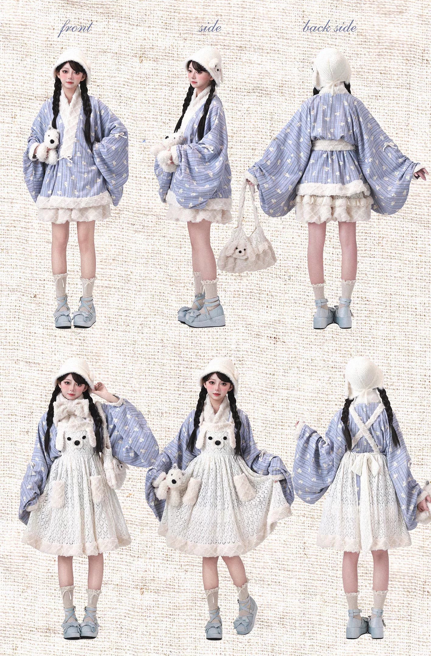 Fluffy Puppy Sweet Lolita Cross Collar Blouse Inner Dress Knit Apron Full Set