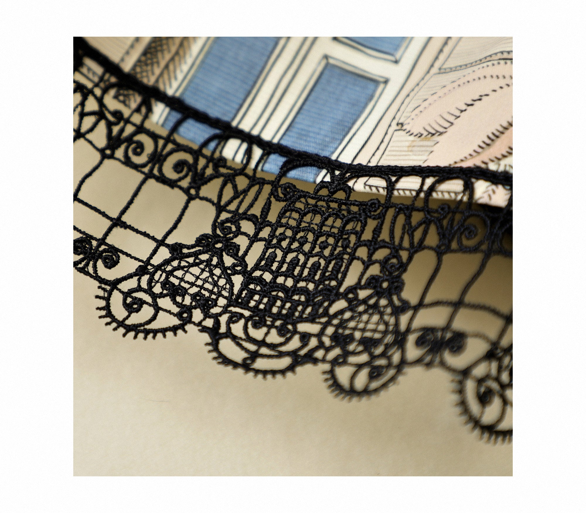 French Architectural Balcony Print Black Lace Trim Mini Skirt