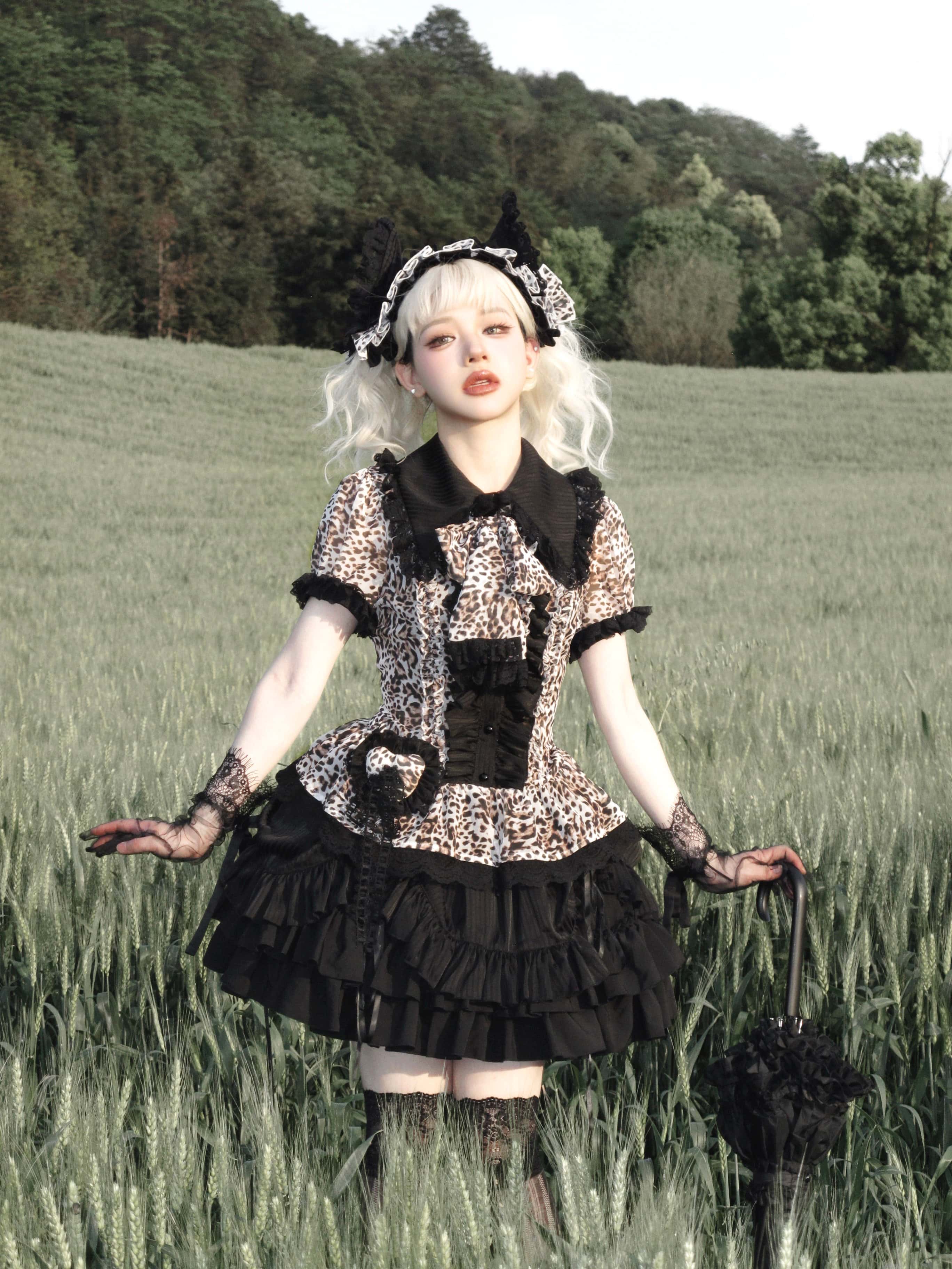 Bengal Cat Gothic Lolita White Blouse & Skirt Set