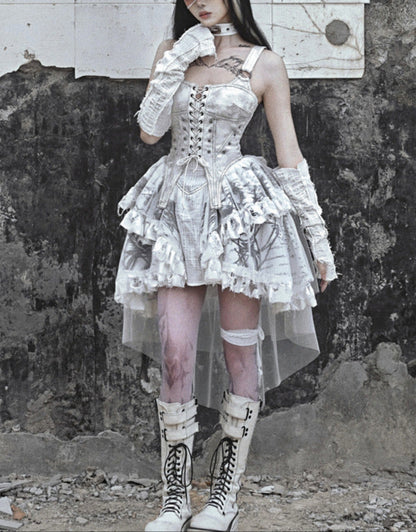 Lolita White Tie-Dye Punk Suspender Dress LG1020