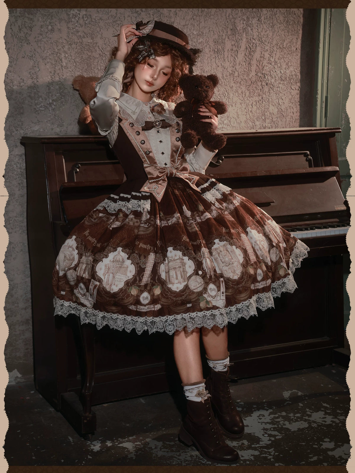 Italian Travelogue Brown British Style Lolita JSK Dress and Blouse