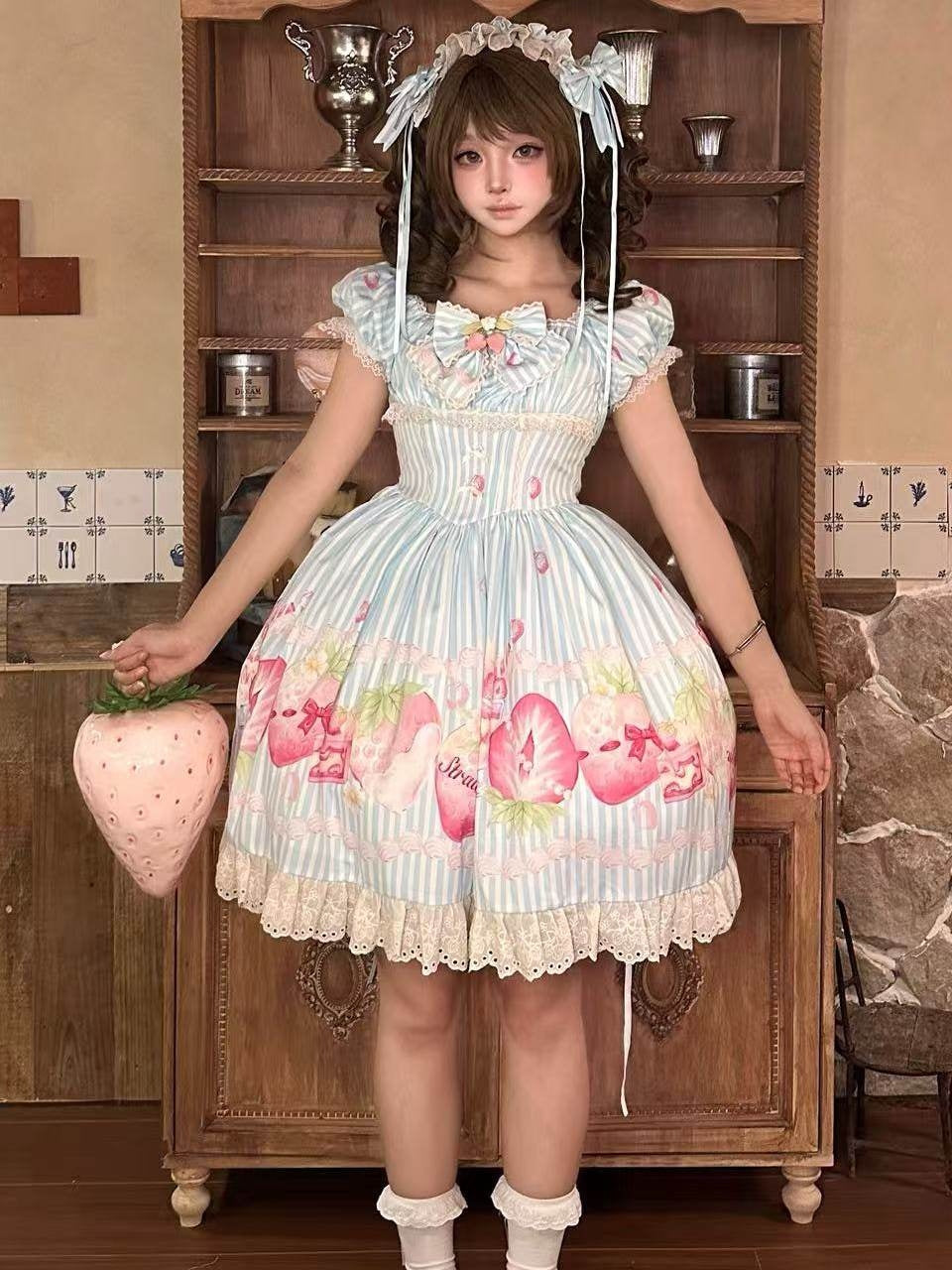 Strawberry Fairy Realm Sweet Stripe Lolita Print OP Dress