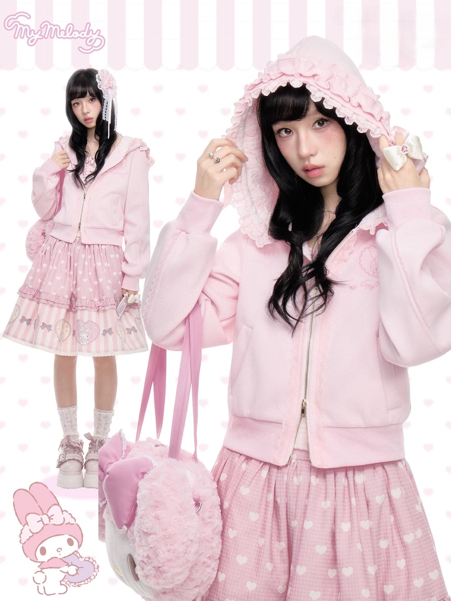 My Melody Pink Ruffle Hood Zip Up Sweatshirt Jacket