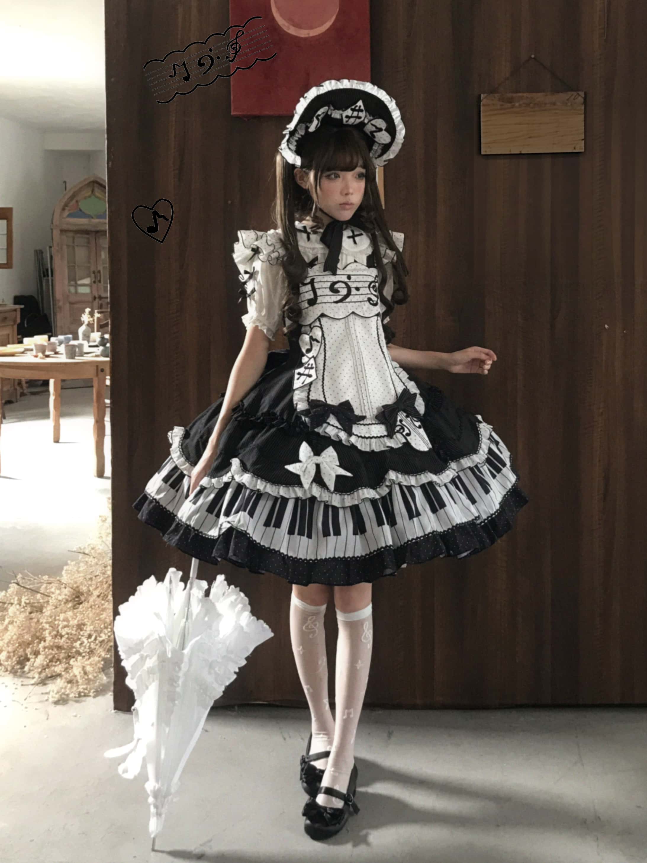 Rhythmic Notes Piano Key Gothic Classic Lolita JSK Full Set