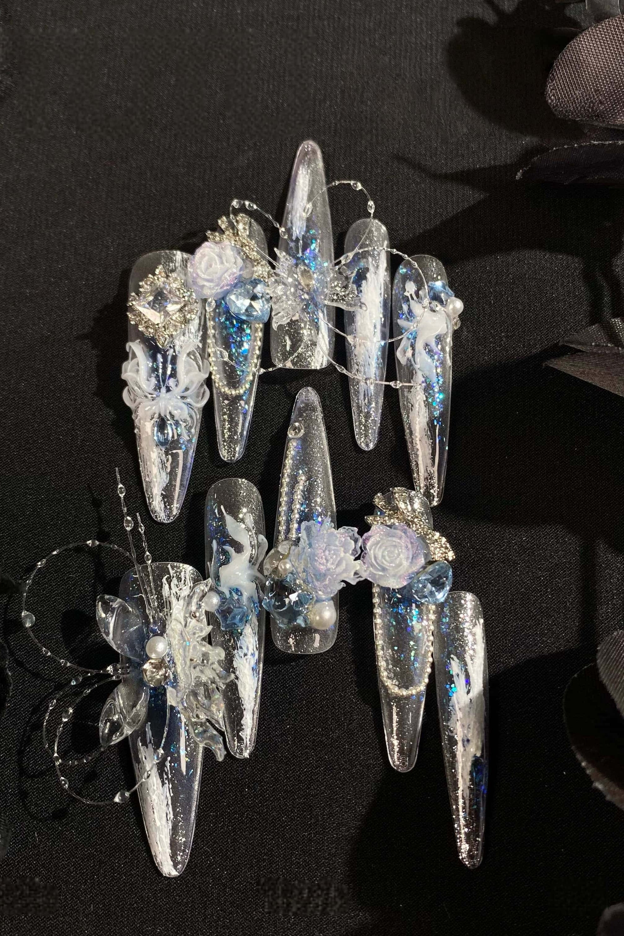 Mirror Reverie Blue Butterfly Stiletto Long Lolita Nail Art