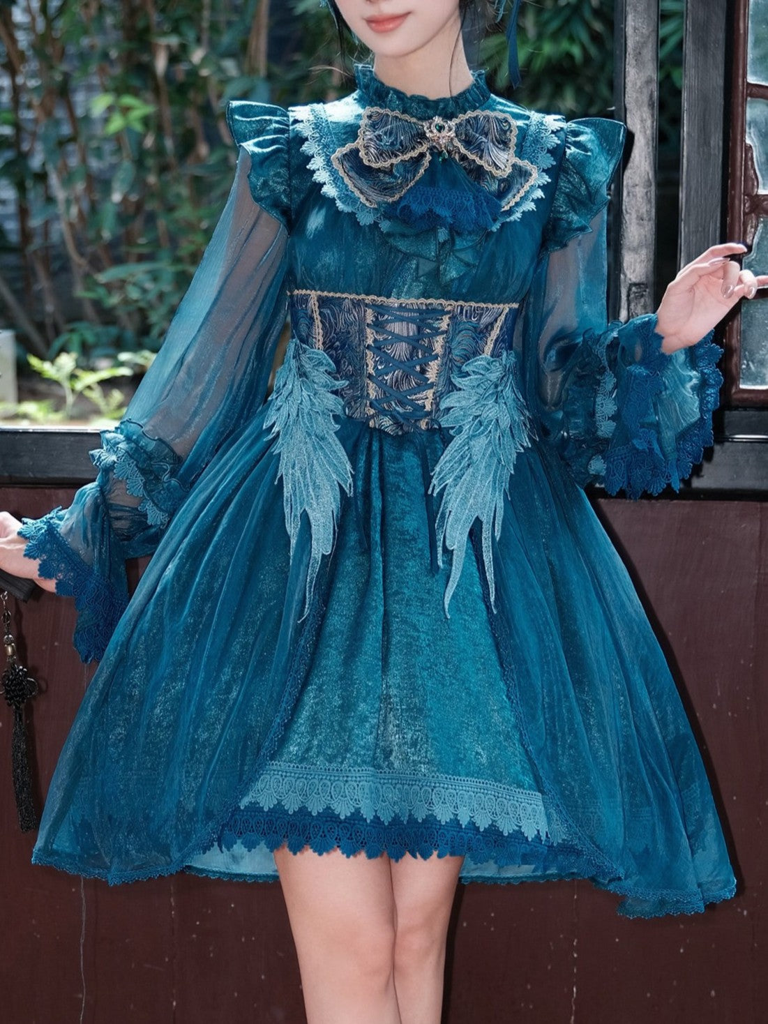 Peacock Feather Lolita Peacock Blue Long Sleeve OP Dress