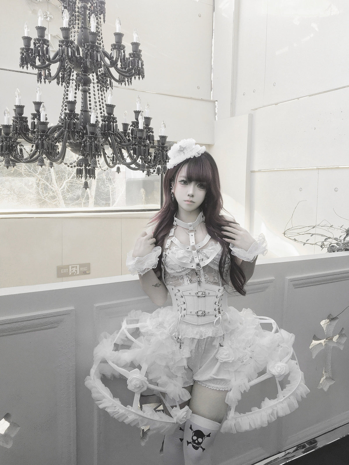 Flower Bud White Rose Gothic Corset & Birdcage Skirt Set