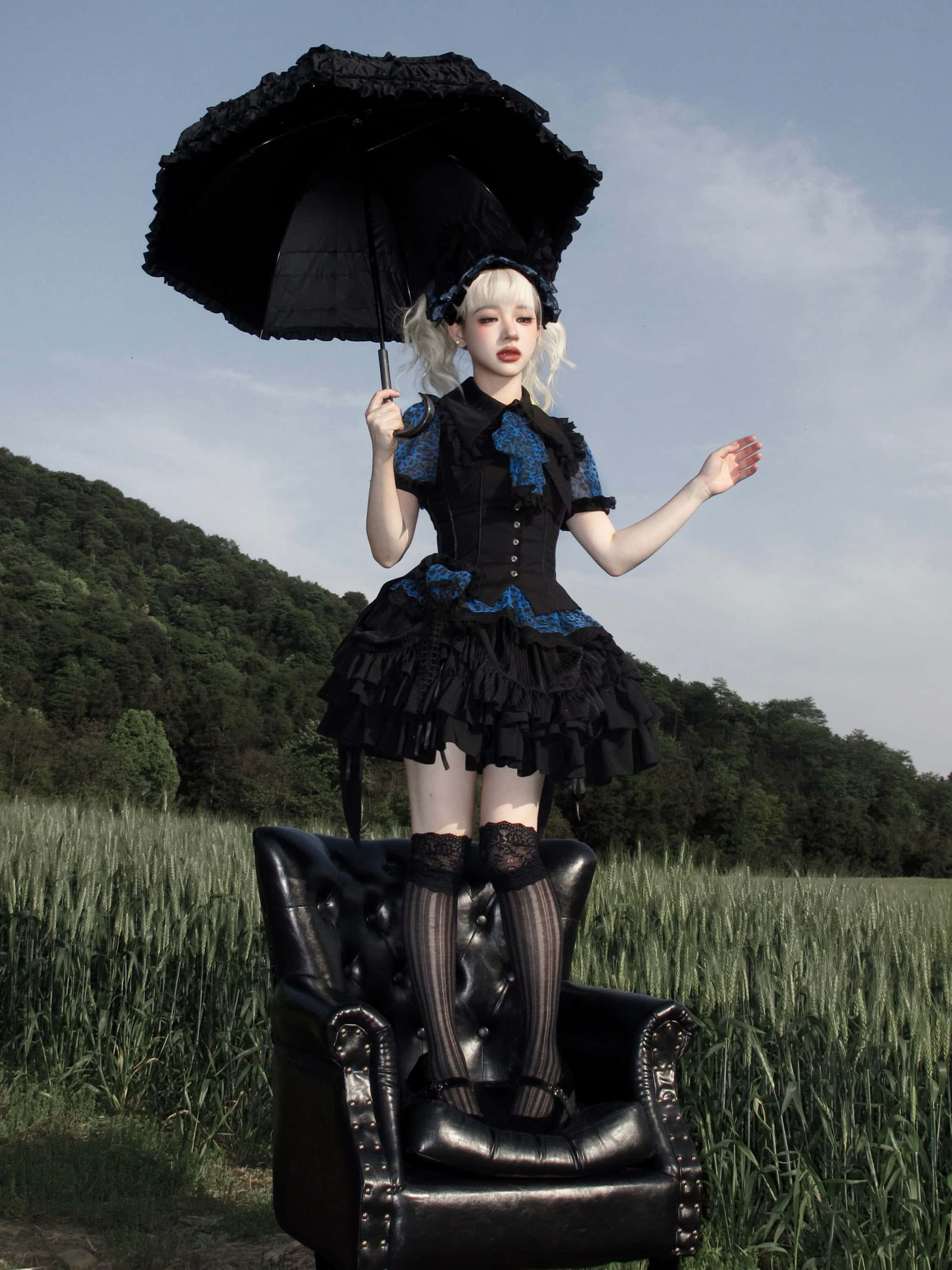 Bengal Cat Gothic Lolita Blue Blouse & Skirt Set