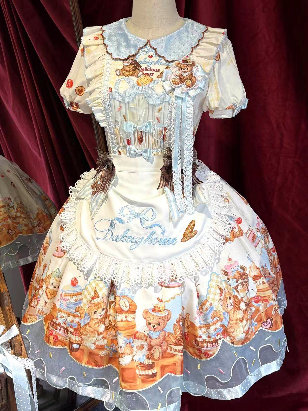 Cream Waffle Bear Lolita OP/JSK Dress
