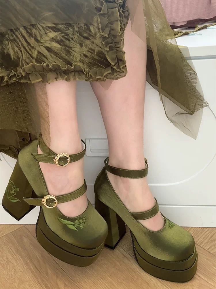 Elegant Jacquard Platform Mary Jane Heels with Butterfly Bow Sweet Lolita Shoes