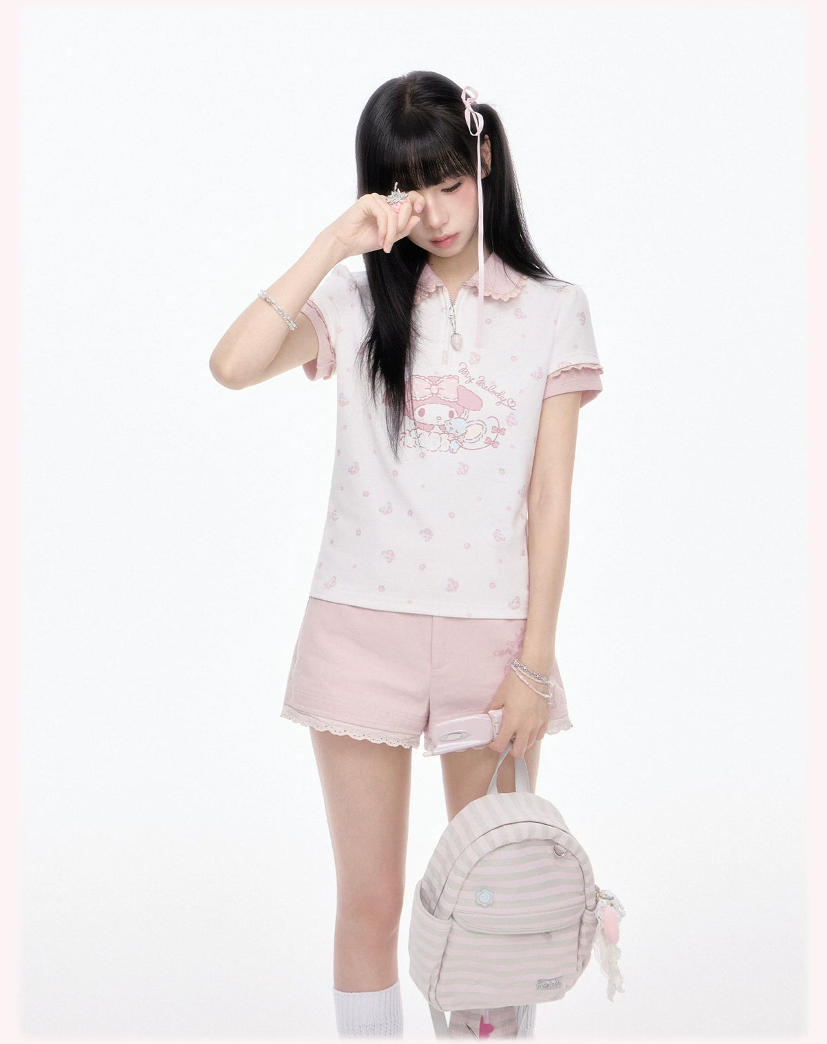 My Melody Pink High Waist Floral Applique Scallop Lace Trim Shorts