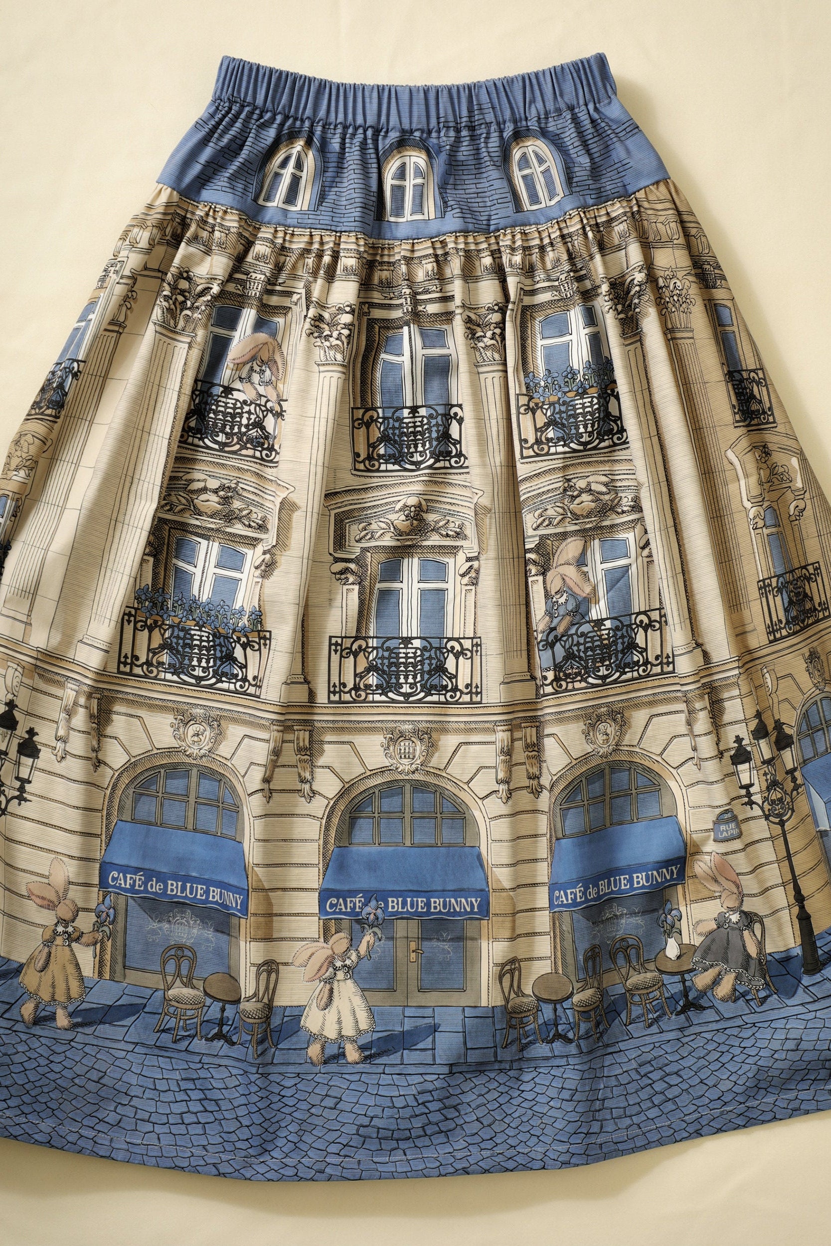 Blue Bunny Cafe Yellow Blue Vintage Architecture Print Classic Lolita Skirt