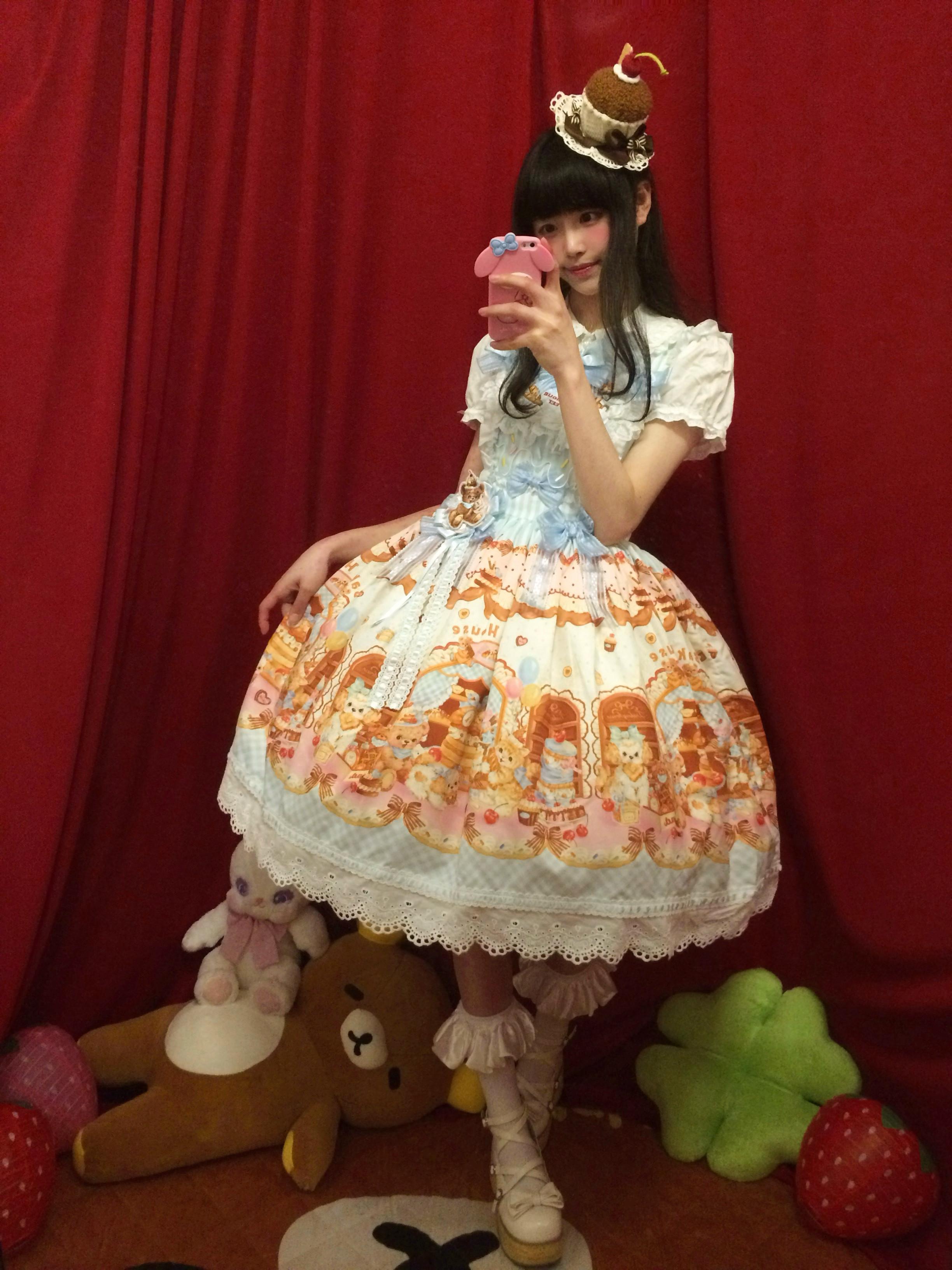 Cream Waffle Bear Lolita OP/JSK Dress