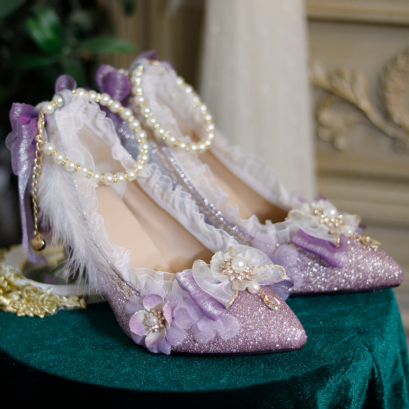 Lolita Pointed Toe Glitter Purple Middle Heels LSS1005